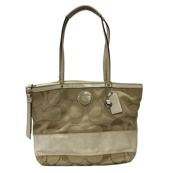 Auth COACH Signature Striped Tote F19046 Beige Cream Jacquard Patent Leather - Picture 1 of 16